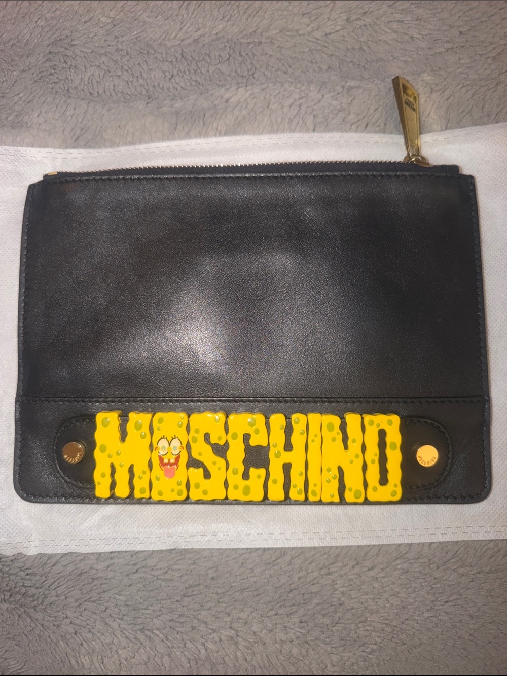 Preloved SpongeBob  Moschino Black Leather Pouch with Yellow Logo Panel